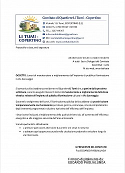 Circolare 142 -  Lavori di manutenzione e miglioramento dell’impianto di pubblica illuminazione in Via Caravaggio