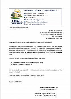 Circolare 144 -  Nuovi orari estivi di apertura e chiusura degli Uffici di Segreteria